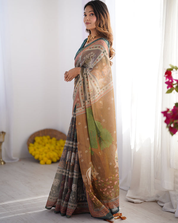 Teal Green & Brown Pure Linen Cotton Handloom Saree with Royal Cow & Tree Motif Pallu LINEN HANDLOOM