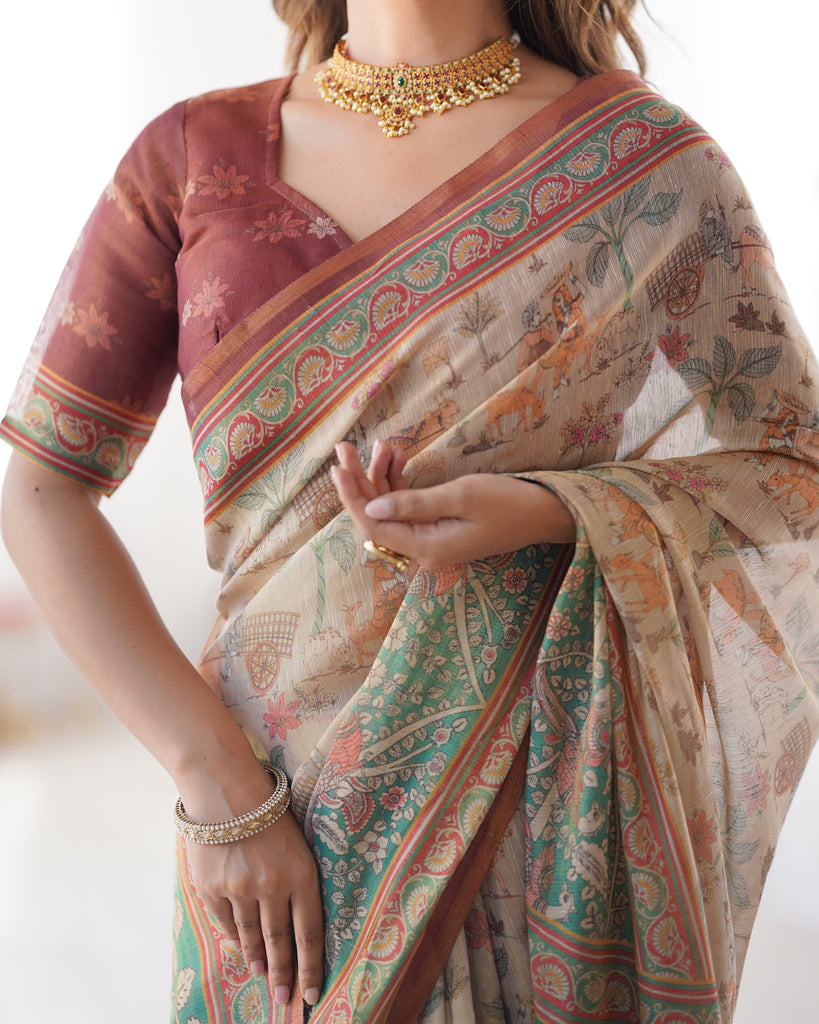 Beige & Green Handloom Cotton Saree with Village Life Print and Majestic Peacock Pallu LINEN HANDLOOM