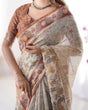 Load image into Gallery viewer, Elegant Beige &amp; Brown Pure Linen Cotton Handloom Saree with Animal Motifs and Floral Prints LINEN HANDLOOM