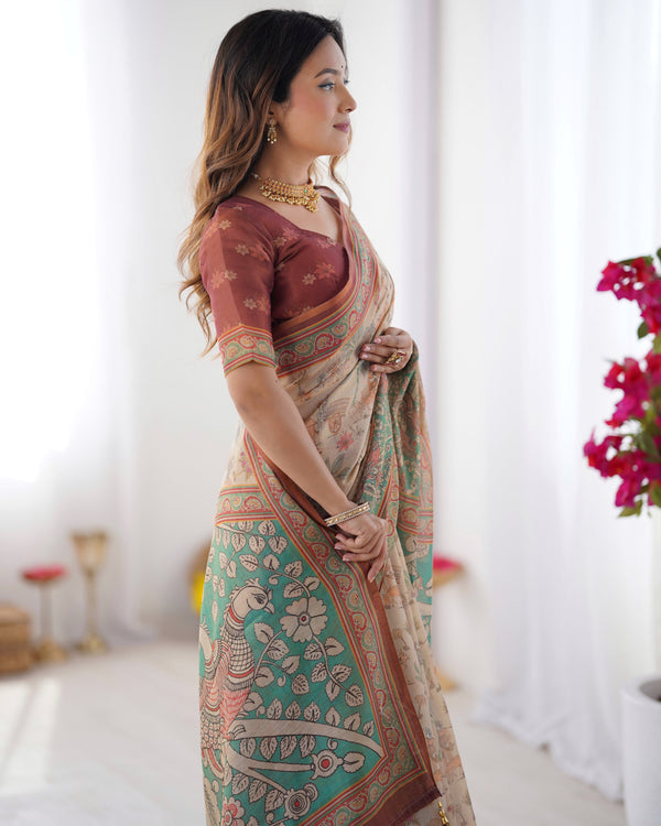 Beige & Green Handloom Cotton Saree with Village Life Print and Majestic Peacock Pallu LINEN HANDLOOM