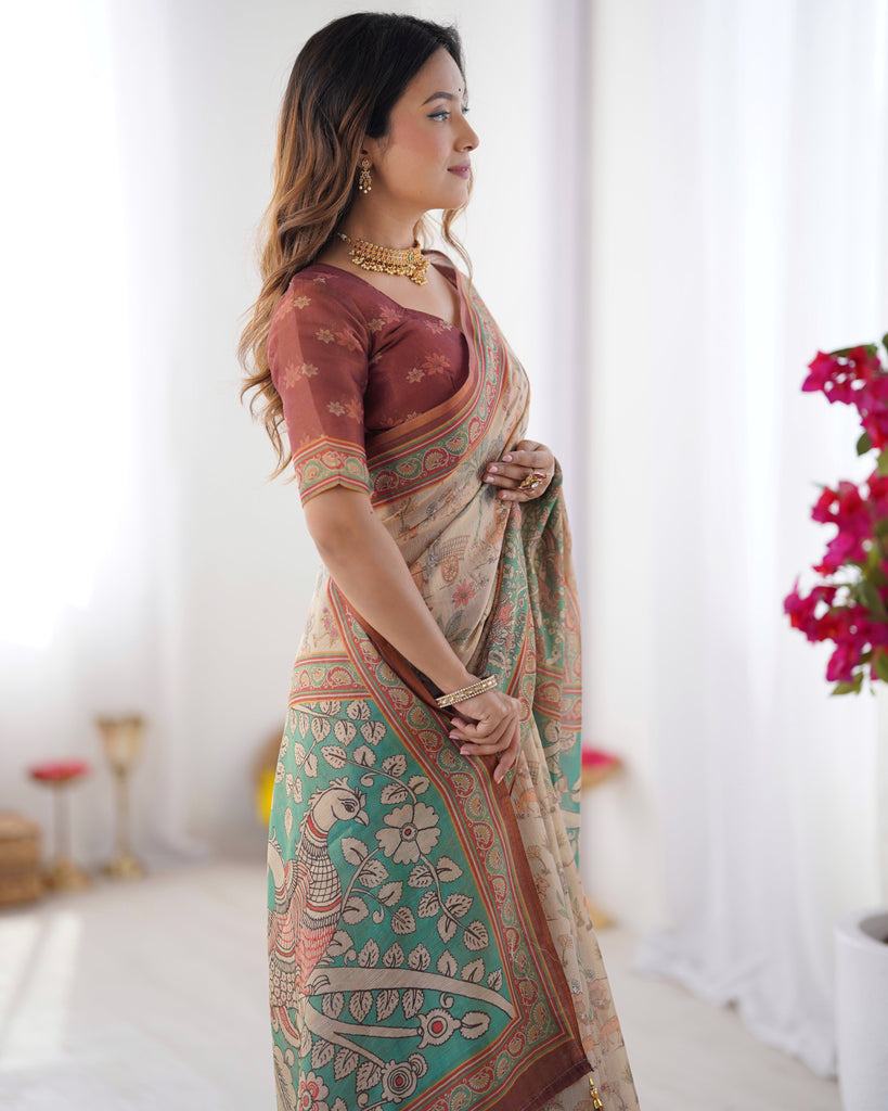 Beige & Green Handloom Cotton Saree with Village Life Print and Majestic Peacock Pallu LINEN HANDLOOM