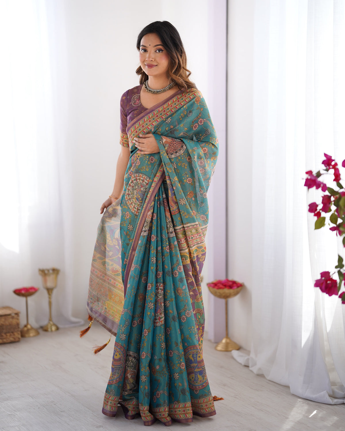 Sea Green & Purple Linen Cotton Saree with Hand-Painted Krishna Raas Leela Pallu LINEN HANDLOOM Main image