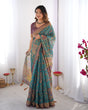 Load image into Gallery viewer, Sea Green &amp; Purple Linen Cotton Saree with Hand-Painted Krishna Raas Leela Pallu LINEN HANDLOOM