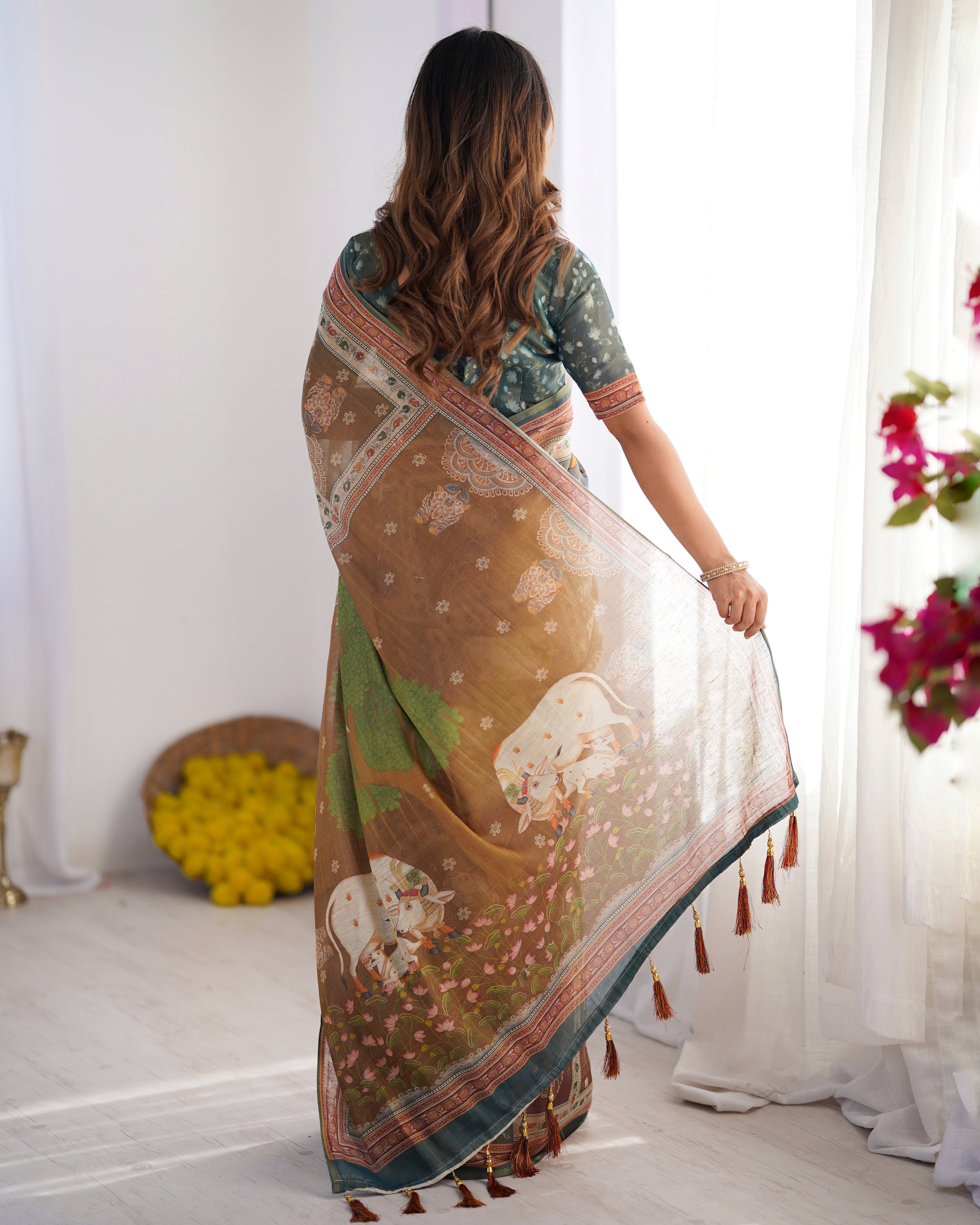 Teal Green & Brown Pure Linen Cotton Handloom Saree with Royal Cow & Tree Motif Pallu LINEN HANDLOOM