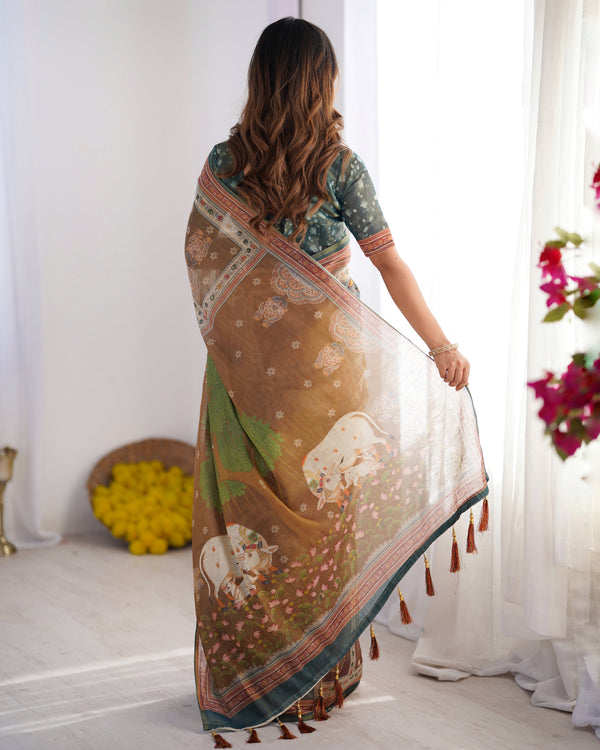 Teal Green & Brown Pure Linen Cotton Handloom Saree with Royal Cow & Tree Motif Pallu LINEN HANDLOOM