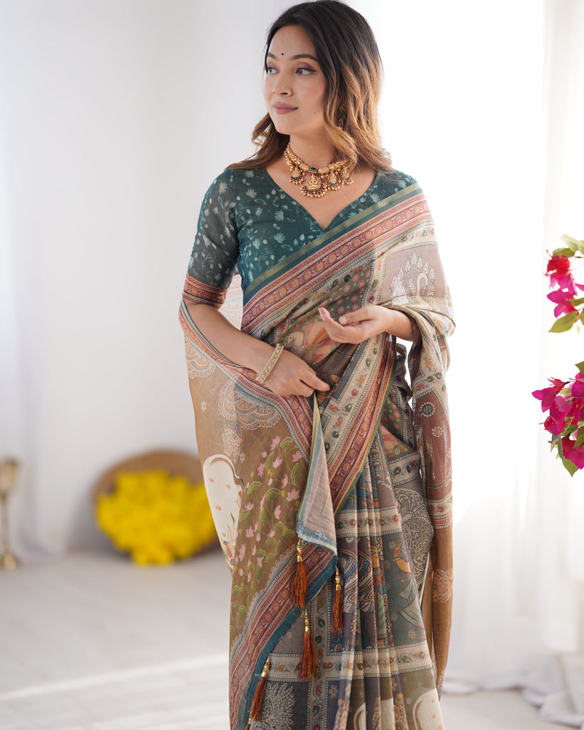 Teal Green & Brown Pure Linen Cotton Handloom Saree with Royal Cow & Tree Motif Pallu LINEN HANDLOOM