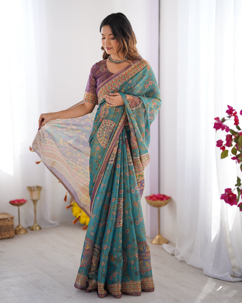 Sea Green & Purple Linen Cotton Saree with Hand-Painted Krishna Raas Leela Pallu LINEN HANDLOOM