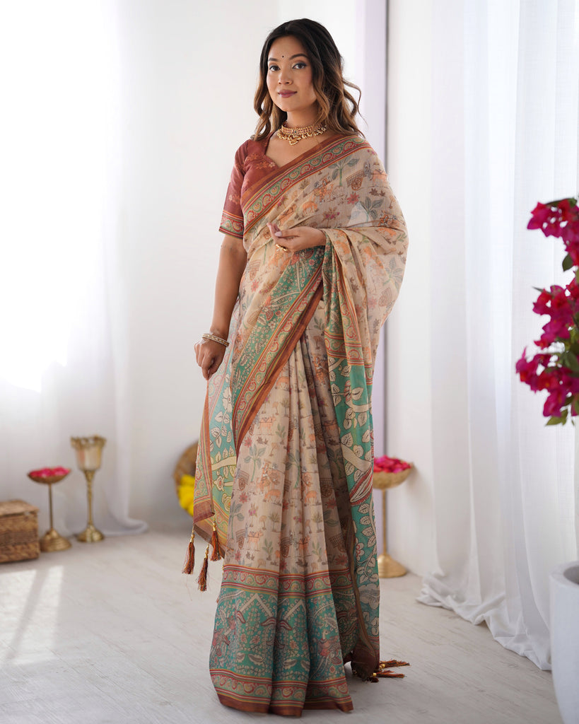 Beige & Green Handloom Cotton Saree with Village Life Print and Majestic Peacock Pallu LINEN HANDLOOM