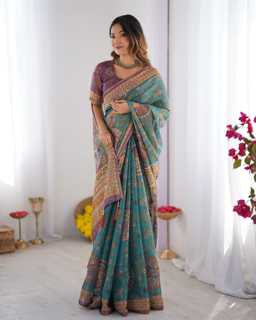 Sea Green & Purple Linen Cotton Saree with Hand-Painted Krishna Raas Leela Pallu LINEN HANDLOOM