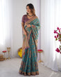 Load image into Gallery viewer, Sea Green &amp; Purple Linen Cotton Saree with Hand-Painted Krishna Raas Leela Pallu LINEN HANDLOOM