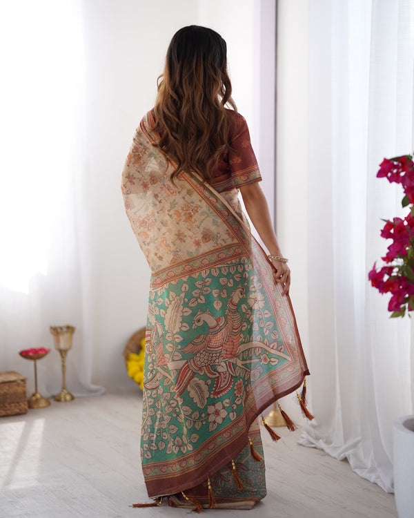 Beige & Green Handloom Cotton Saree with Village Life Print and Majestic Peacock Pallu LINEN HANDLOOM