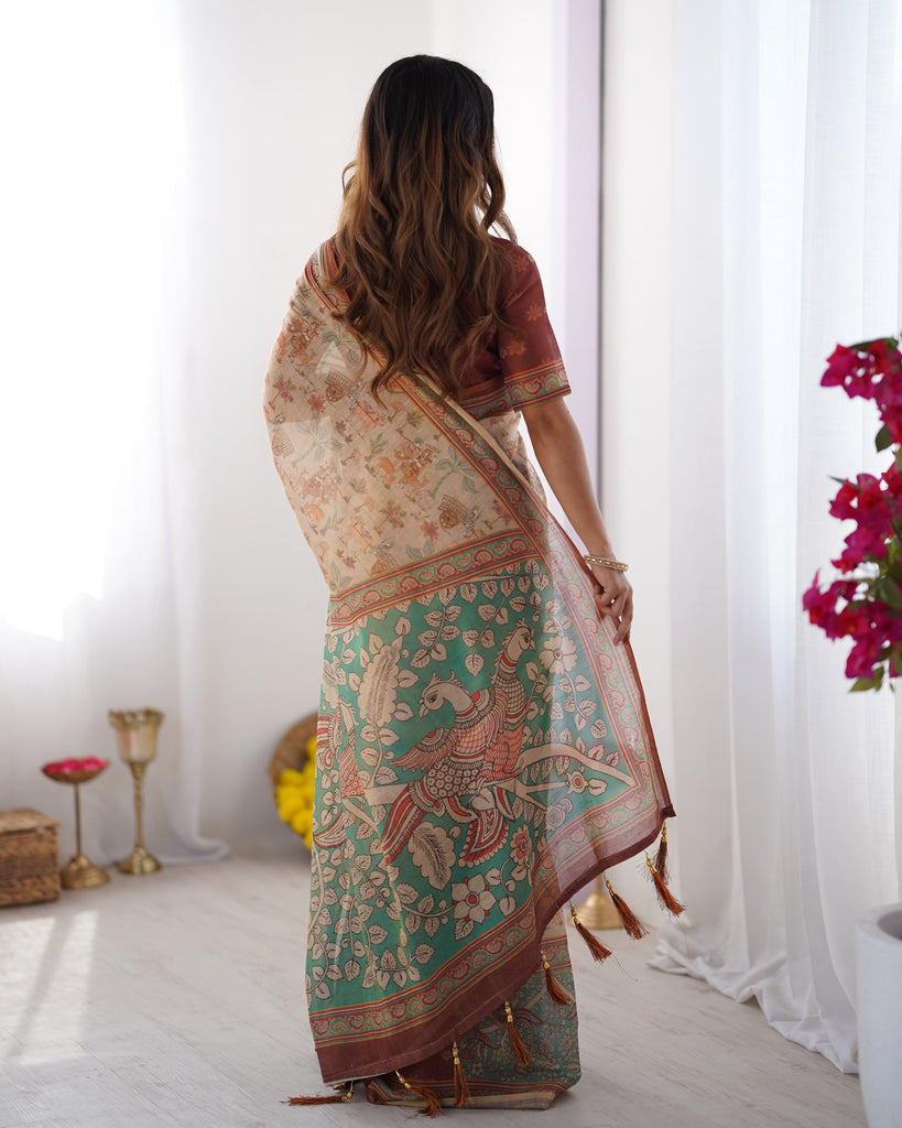 Beige & Green Handloom Cotton Saree with Village Life Print and Majestic Peacock Pallu LINEN HANDLOOM