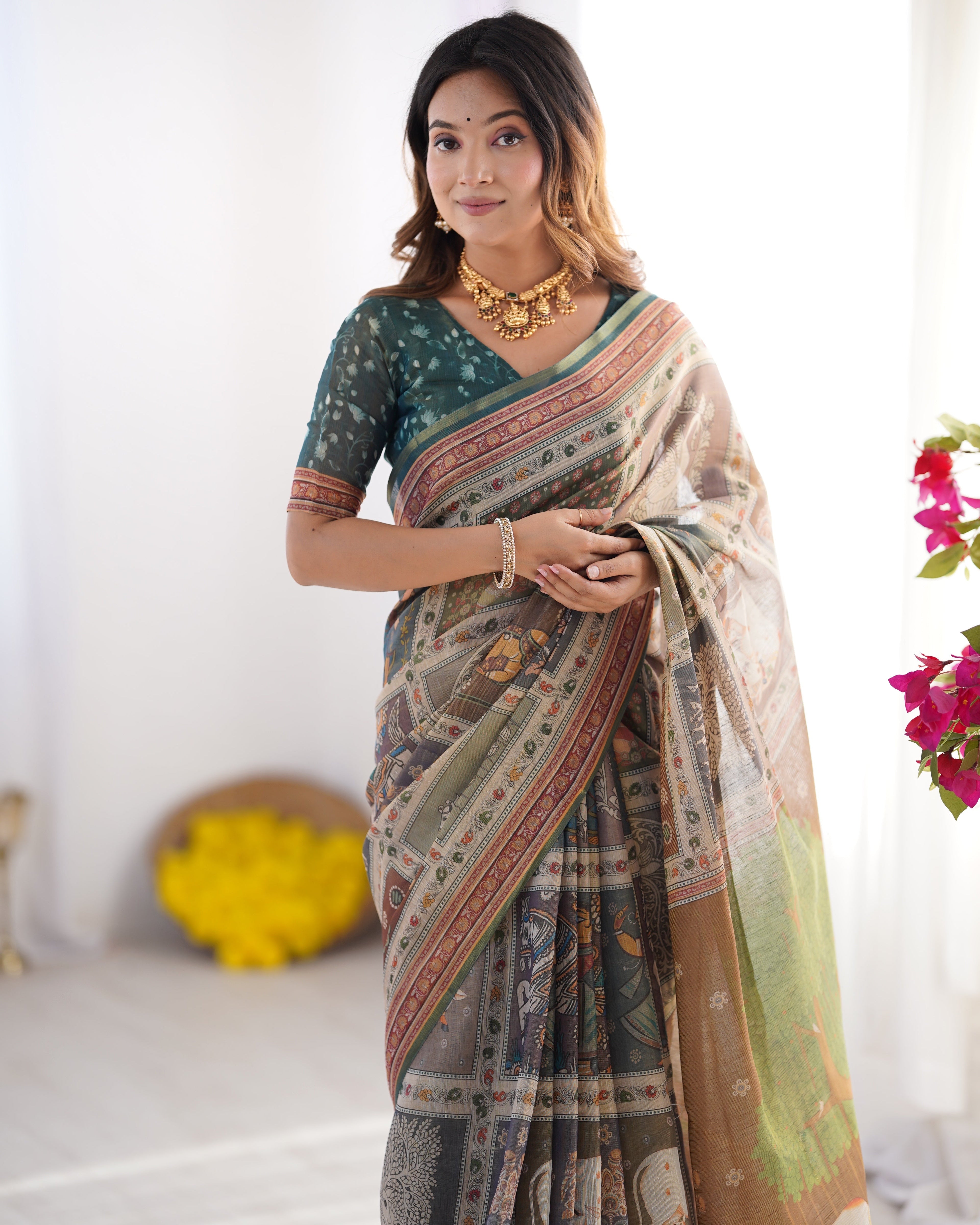 Teal Green & Brown Pure Linen Cotton Handloom Saree with Royal Cow & Tree Motif Pallu LINEN HANDLOOM