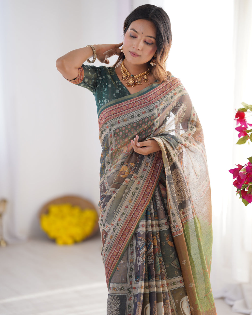 Teal Green & Brown Pure Linen Cotton Handloom Saree with Royal Cow & Tree Motif Pallu LINEN HANDLOOM