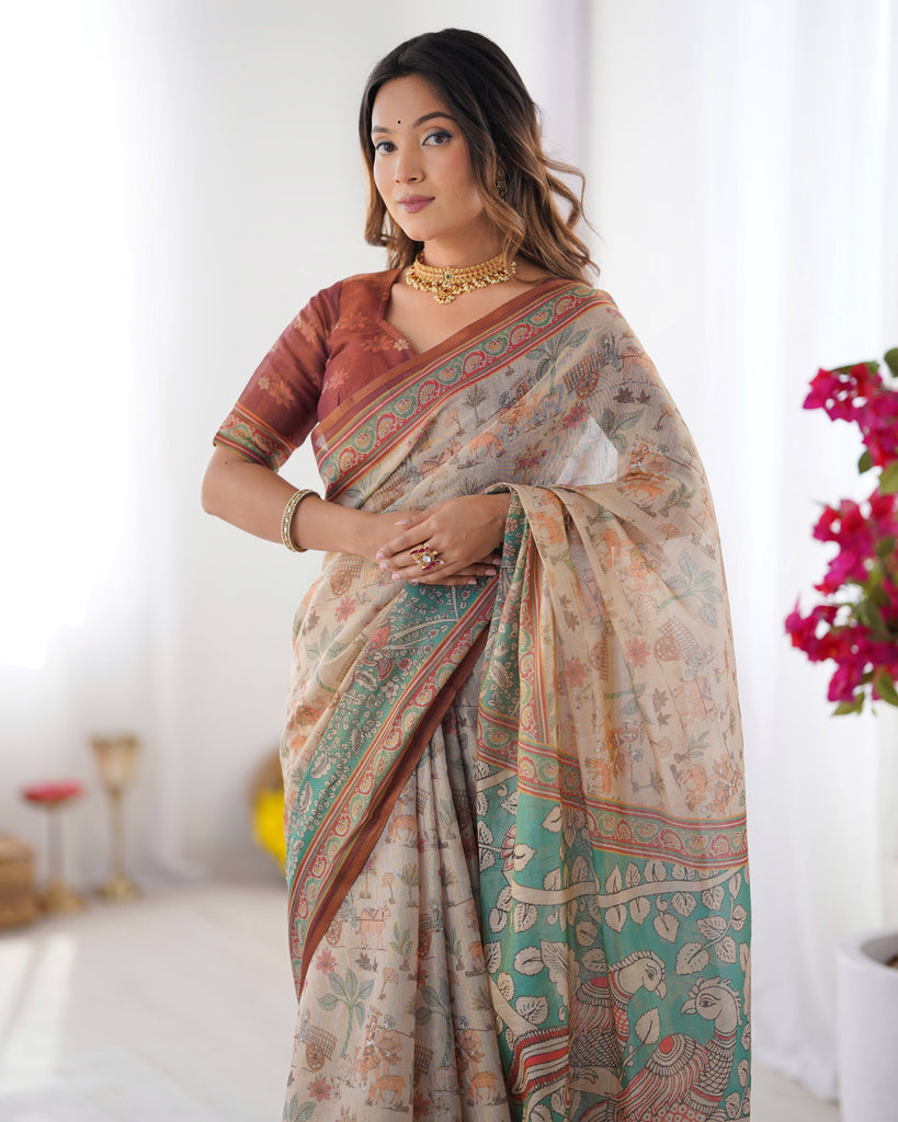 Beige & Green Handloom Cotton Saree with Village Life Print and Majestic Peacock Pallu LINEN HANDLOOM