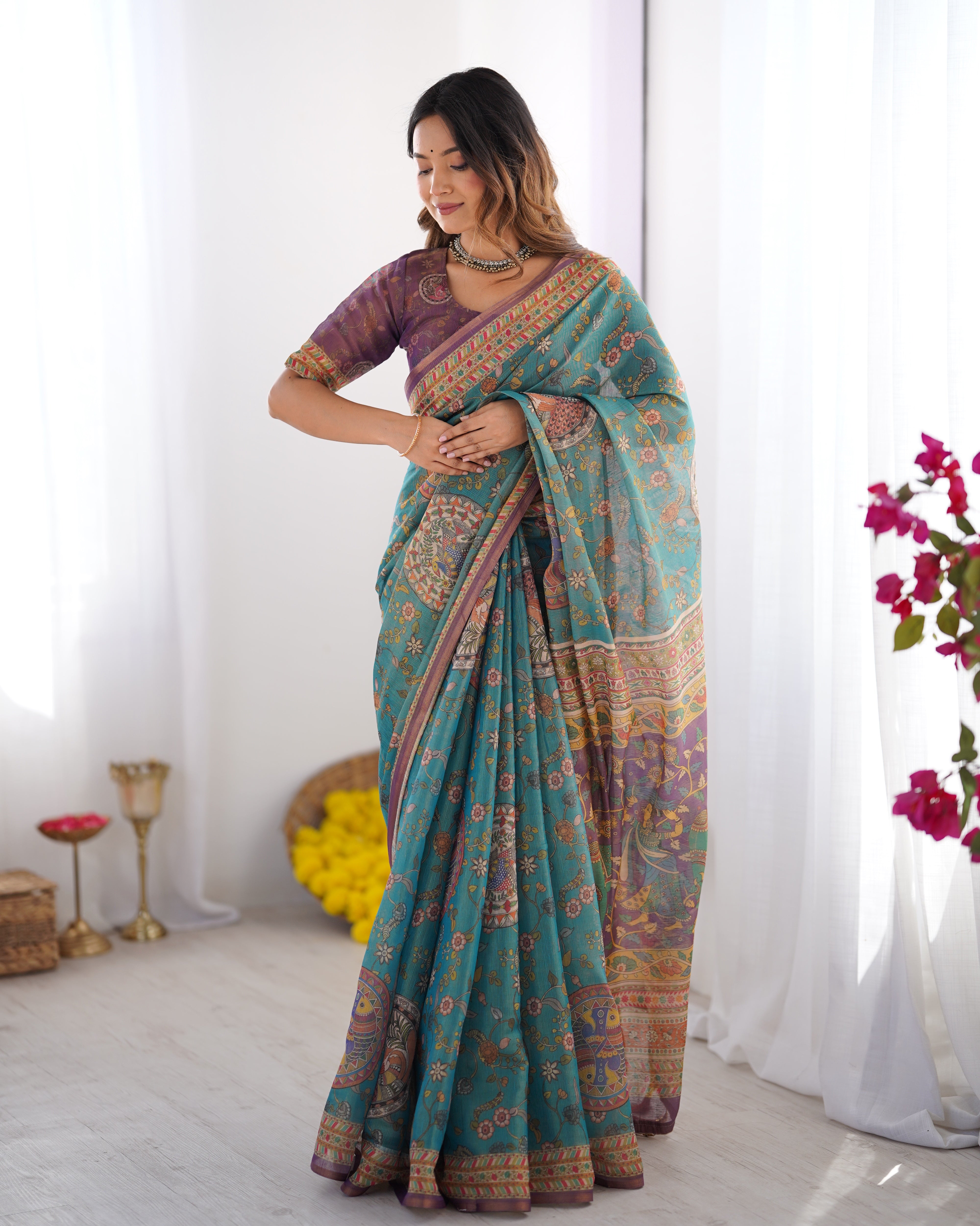 Sea Green & Purple Linen Cotton Saree with Hand-Painted Krishna Raas Leela Pallu Secondary image