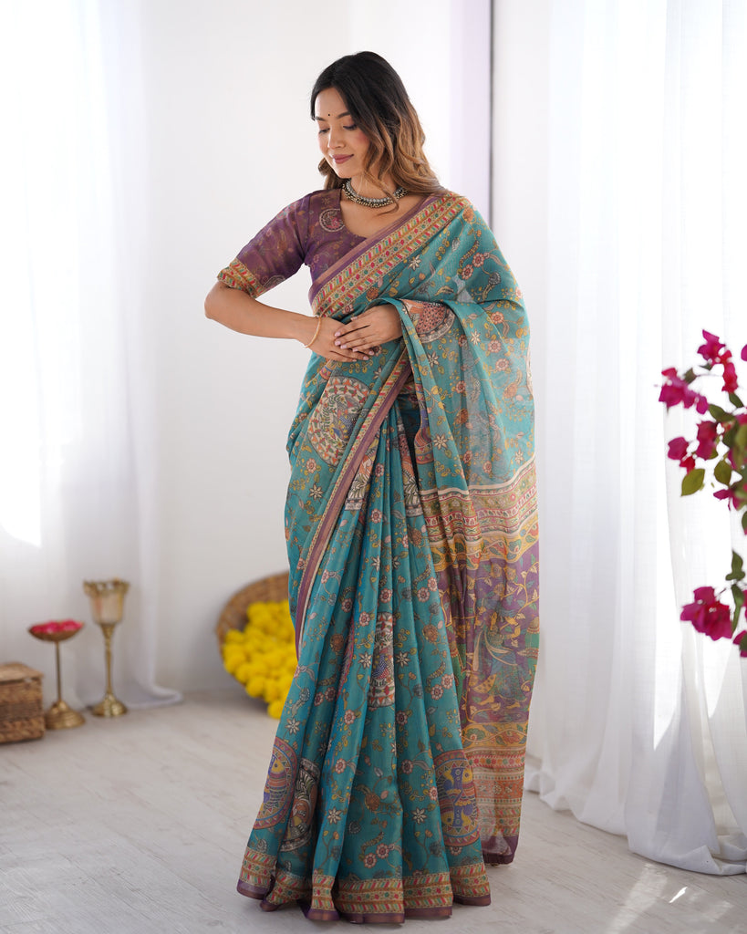 Sea Green & Purple Linen Cotton Saree with Hand-Painted Krishna Raas Leela Pallu LINEN HANDLOOM