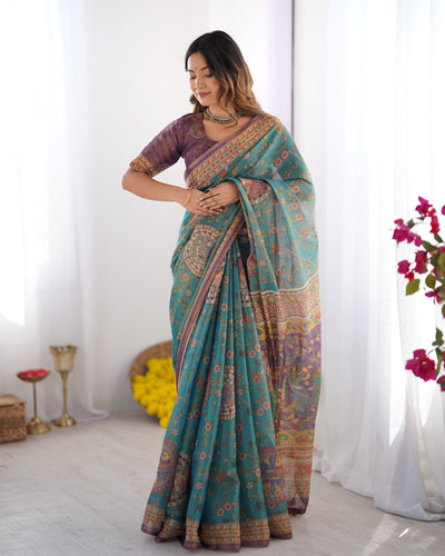 Sea Green & Purple Linen Cotton Saree with Hand-Painted Krishna Raas Leela Pallu LINEN HANDLOOM
