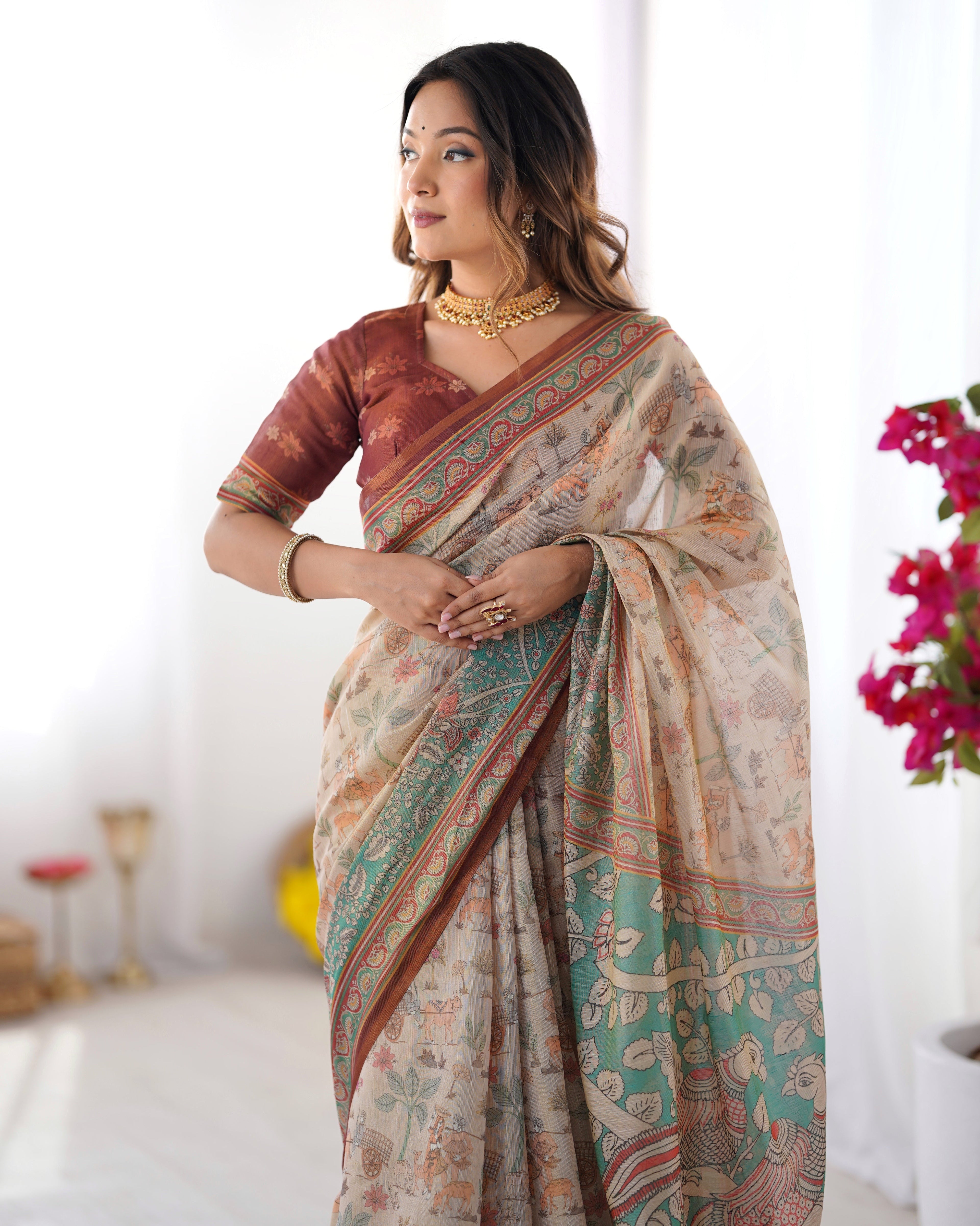 Beige & Green Handloom Cotton Saree with Village Life Print and Majestic Peacock Pallu LINEN HANDLOOM