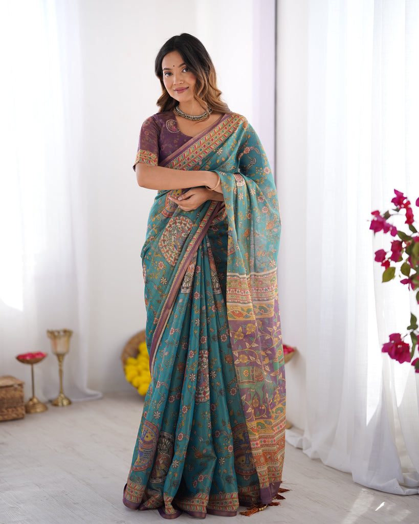 Sea Green & Purple Linen Cotton Saree with Hand-Painted Krishna Raas Leela Pallu LINEN HANDLOOM