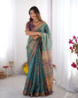 Load image into Gallery viewer, Sea Green &amp; Purple Linen Cotton Saree with Hand-Painted Krishna Raas Leela Pallu LINEN HANDLOOM