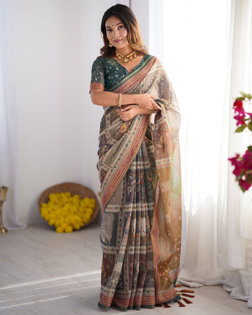 Teal Green & Brown Pure Linen Cotton Handloom Saree with Royal Cow & Tree Motif Pallu LINEN HANDLOOM