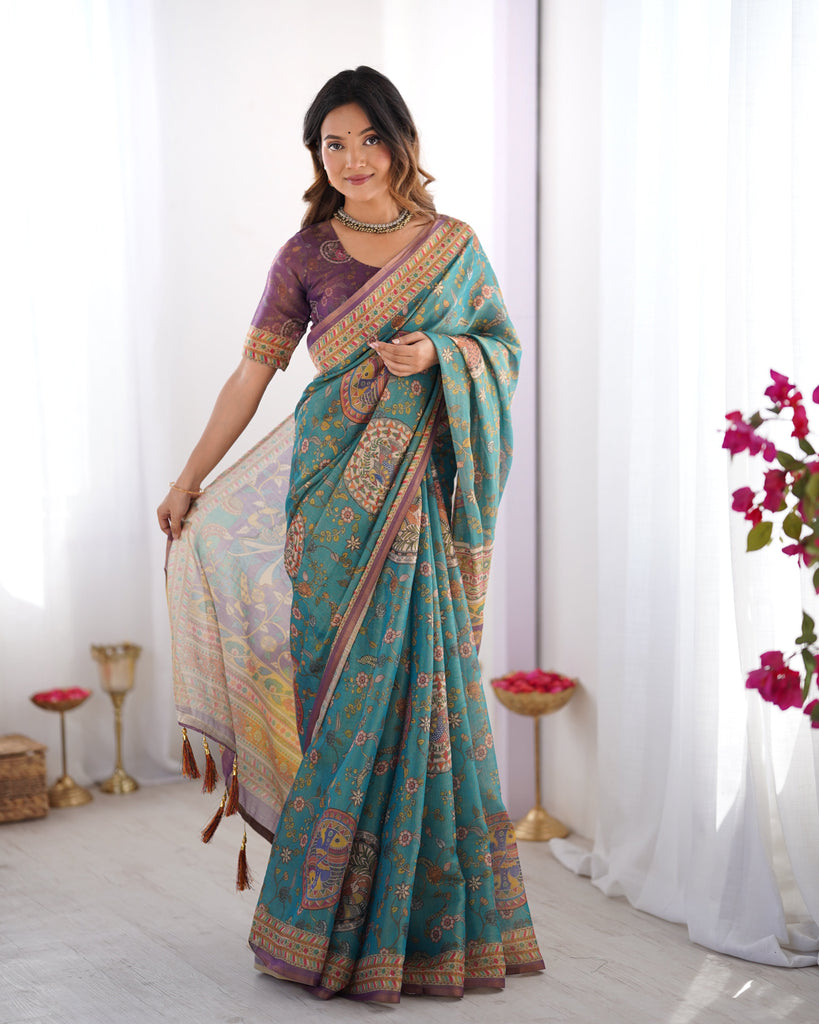 Sea Green & Purple Linen Cotton Saree with Hand-Painted Krishna Raas Leela Pallu LINEN HANDLOOM