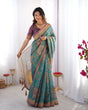 Load image into Gallery viewer, Sea Green &amp; Purple Linen Cotton Saree with Hand-Painted Krishna Raas Leela Pallu LINEN HANDLOOM