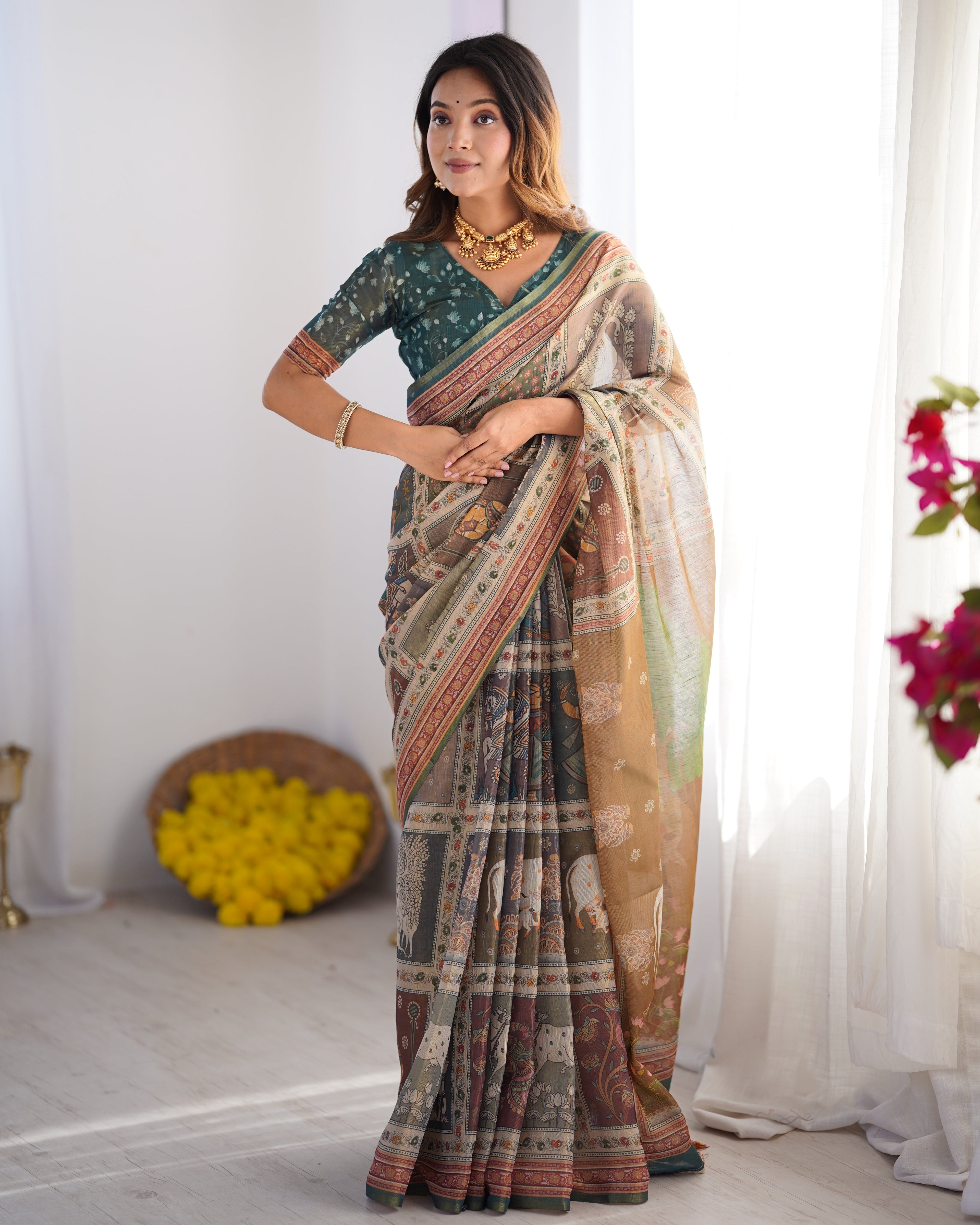 Teal Green & Brown Pure Linen Cotton Handloom Saree with Royal Cow & Tree Motif Pallu LINEN HANDLOOM