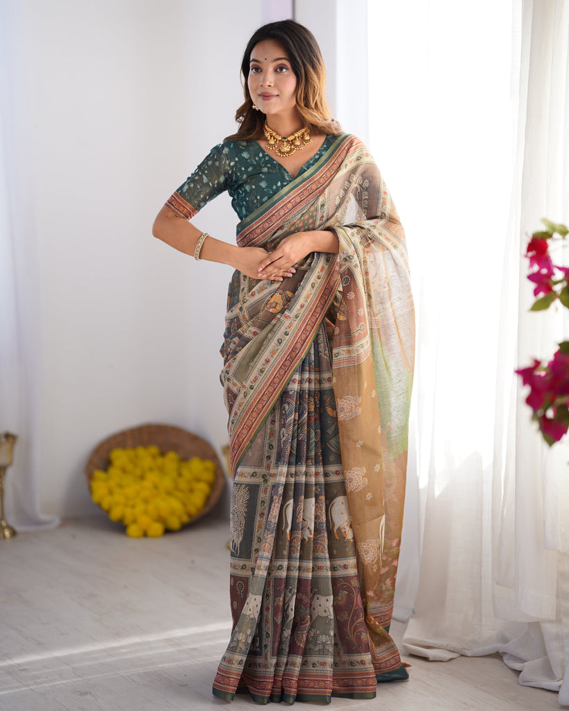Teal Green & Brown Pure Linen Cotton Handloom Saree with Royal Cow & Tree Motif Pallu LINEN HANDLOOM