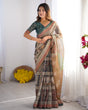 Load image into Gallery viewer, Teal Green &amp; Brown Pure Linen Cotton Handloom Saree with Royal Cow &amp; Tree Motif Pallu LINEN HANDLOOM