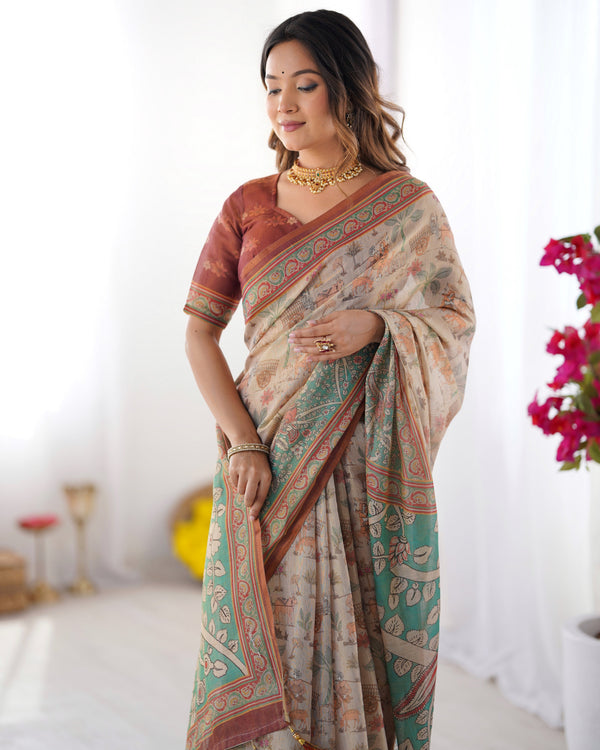 Beige & Green Handloom Cotton Saree with Village Life Print and Majestic Peacock Pallu LINEN HANDLOOM