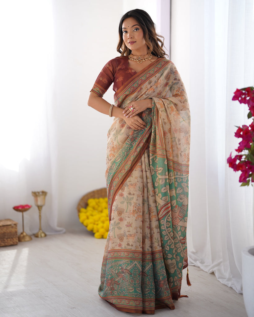 Beige & Green Handloom Cotton Saree with Village Life Print and Majestic Peacock Pallu LINEN HANDLOOM