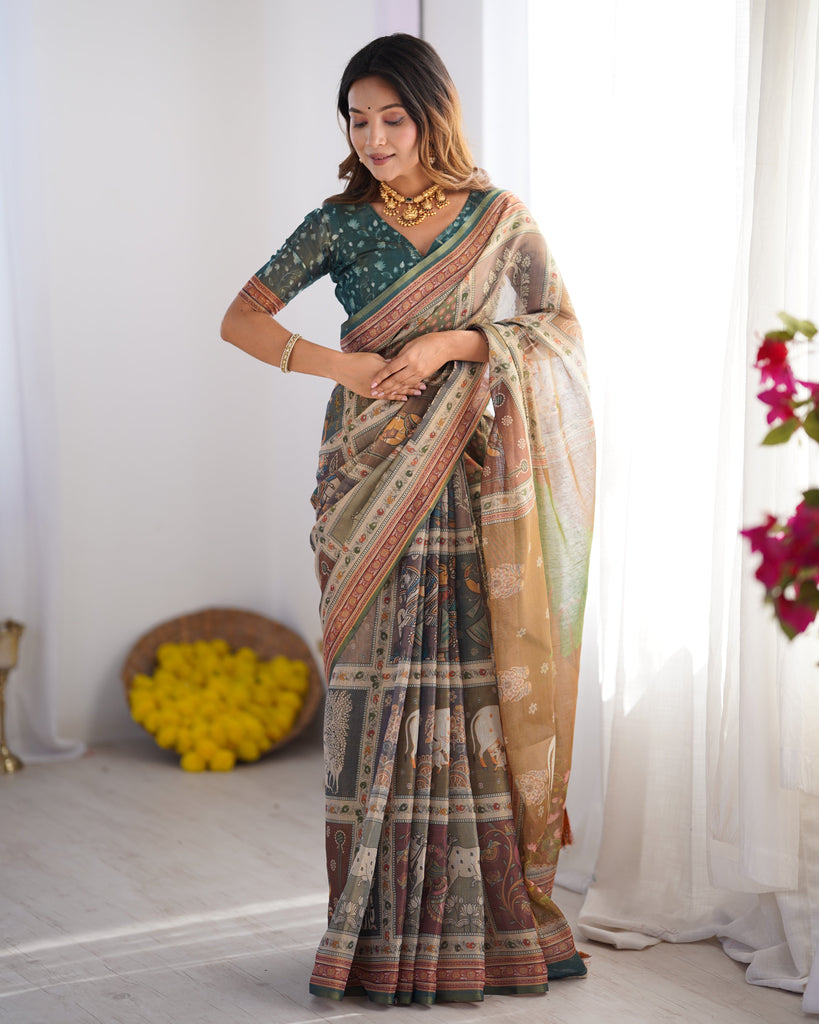 Teal Green & Brown Pure Linen Cotton Handloom Saree with Royal Cow & Tree Motif Pallu LINEN HANDLOOM