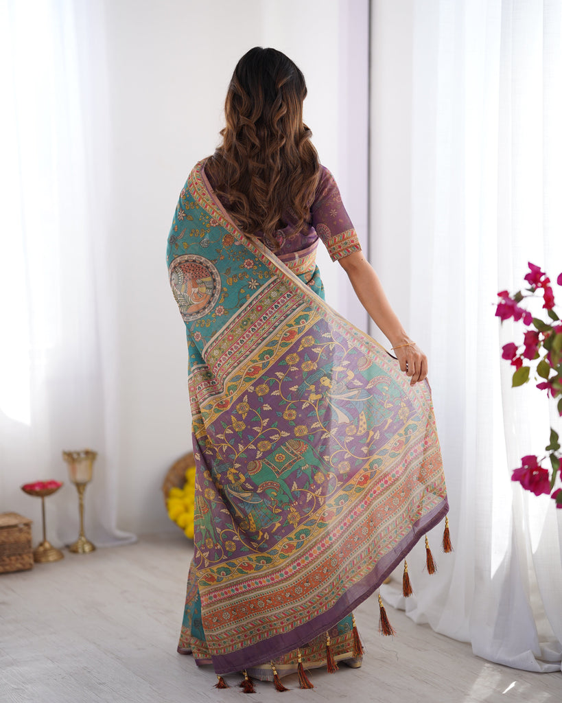 Sea Green & Purple Linen Cotton Saree with Hand-Painted Krishna Raas Leela Pallu LINEN HANDLOOM