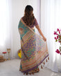 Load image into Gallery viewer, Sea Green &amp; Purple Linen Cotton Saree with Hand-Painted Krishna Raas Leela Pallu LINEN HANDLOOM