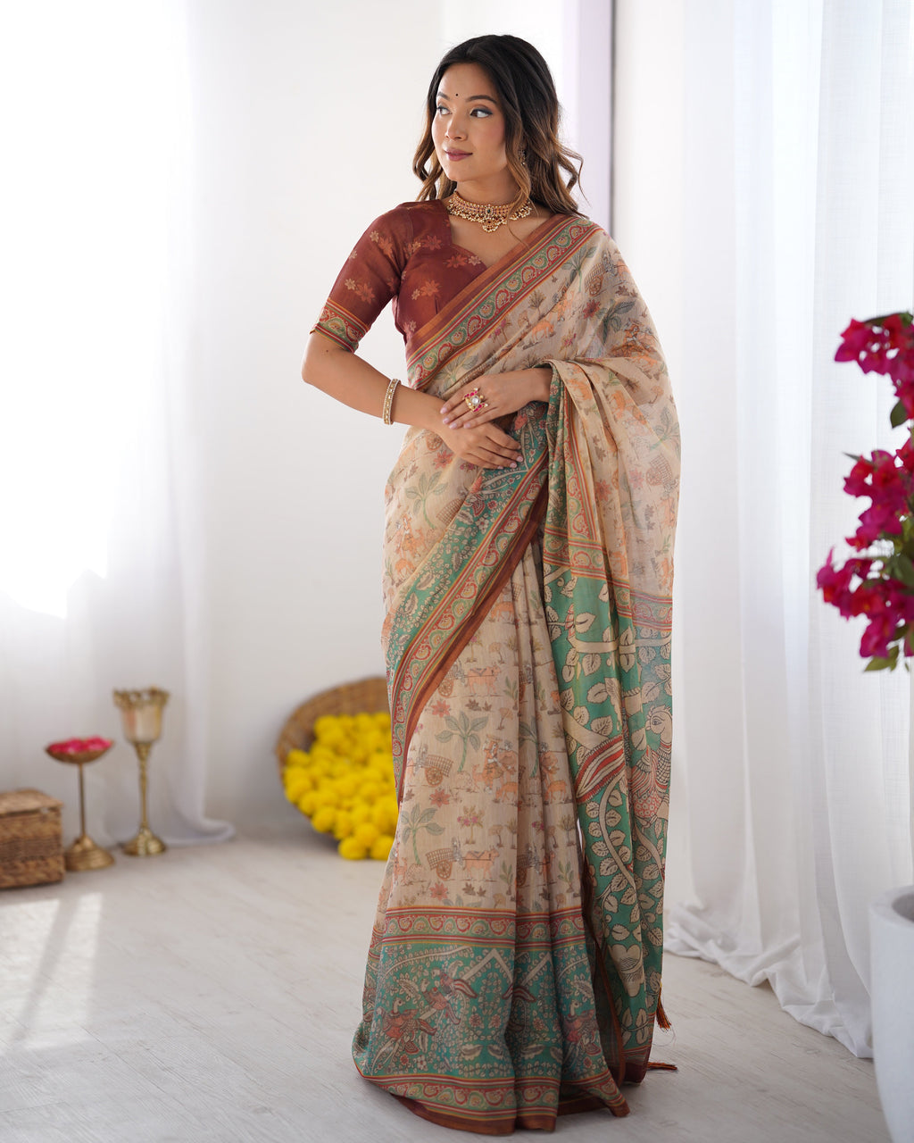 Beige & Green Handloom Cotton Saree with Village Life Print and Majestic Peacock Pallu LINEN HANDLOOM