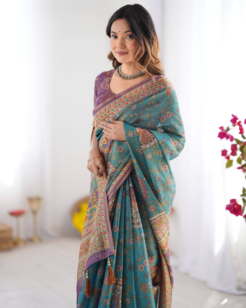 Sea Green & Purple Linen Cotton Saree with Hand-Painted Krishna Raas Leela Pallu LINEN HANDLOOM