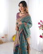 Load image into Gallery viewer, Sea Green &amp; Purple Linen Cotton Saree with Hand-Painted Krishna Raas Leela Pallu LINEN HANDLOOM