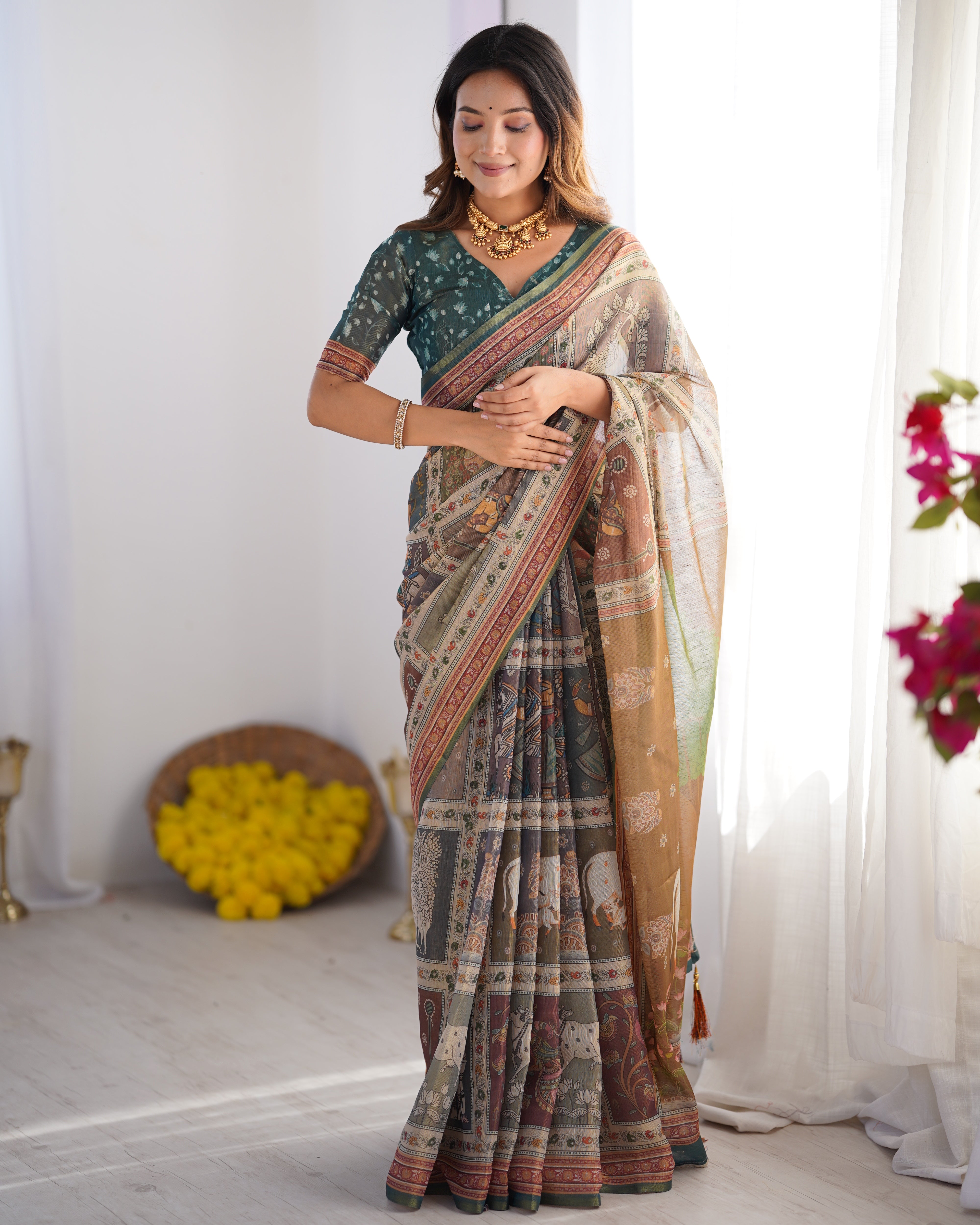 Teal Green & Brown Pure Linen Cotton Handloom Saree with Royal Cow & Tree Motif Pallu LINEN HANDLOOM Main image