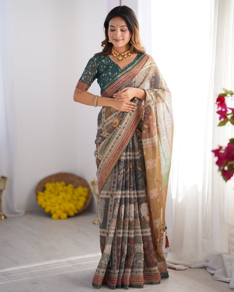 Teal Green & Brown Pure Linen Cotton Handloom Saree with Royal Cow & Tree Motif Pallu LINEN HANDLOOM