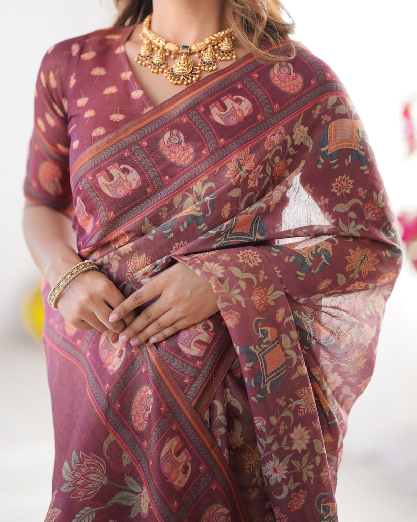 Maroon Pure Linen Cotton Handloom Saree with Elephant Motifs and Floral Digital Print LINEN HANDLOOM