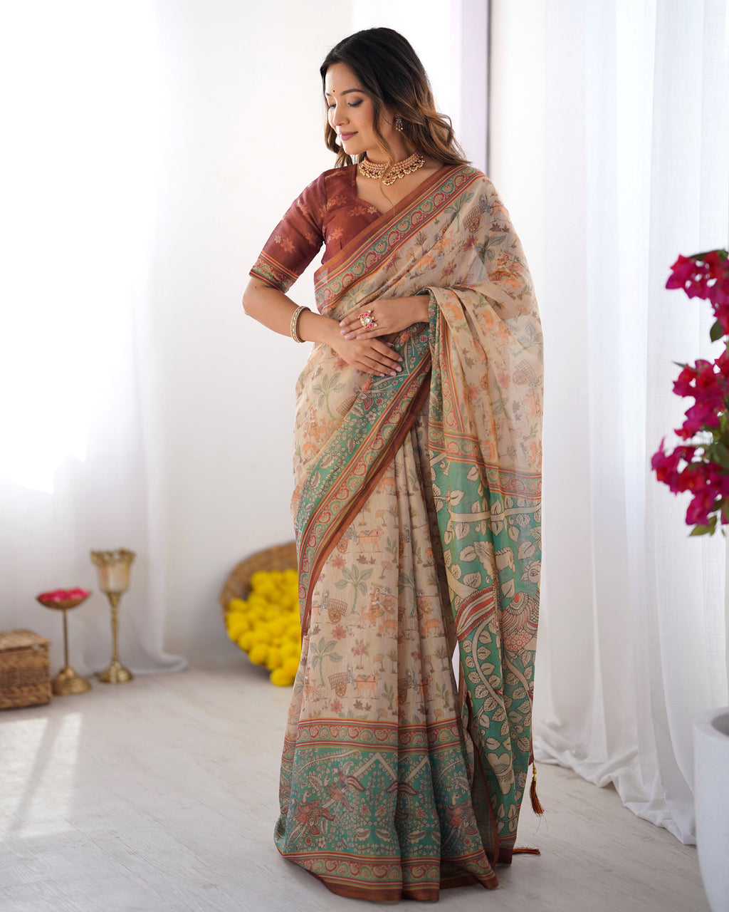 Beige & Green Handloom Cotton Saree with Village Life Print and Majestic Peacock Pallu LINEN HANDLOOM
