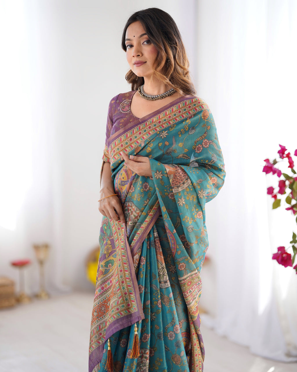 Sea Green & Purple Linen Cotton Saree with Hand-Painted Krishna Raas Leela Pallu LINEN HANDLOOM