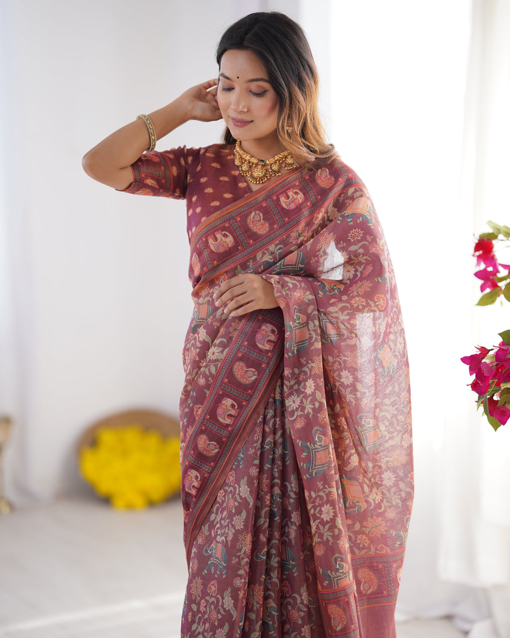 Maroon Pure Linen Cotton Handloom Saree with Elephant Motifs and Floral Digital Print LINEN HANDLOOM