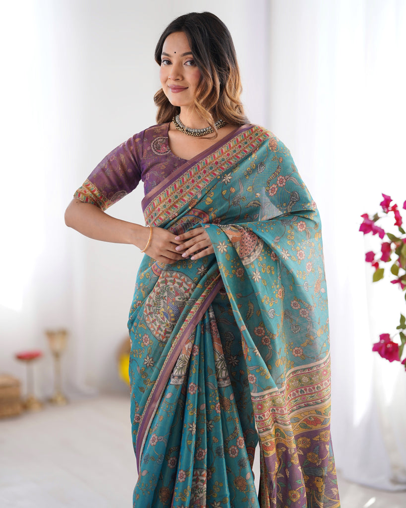Sea Green & Purple Linen Cotton Saree with Hand-Painted Krishna Raas Leela Pallu LINEN HANDLOOM