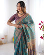 Load image into Gallery viewer, Sea Green &amp; Purple Linen Cotton Saree with Hand-Painted Krishna Raas Leela Pallu LINEN HANDLOOM
