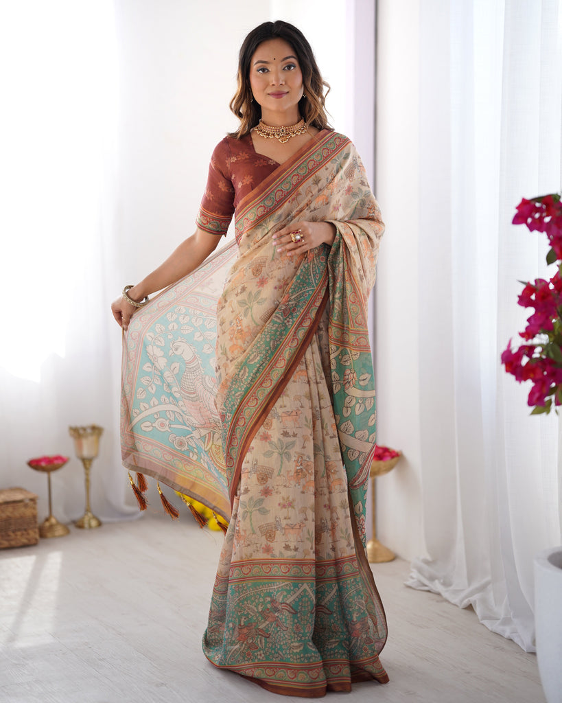 Beige & Green Handloom Cotton Saree with Village Life Print and Majestic Peacock Pallu LINEN HANDLOOM
