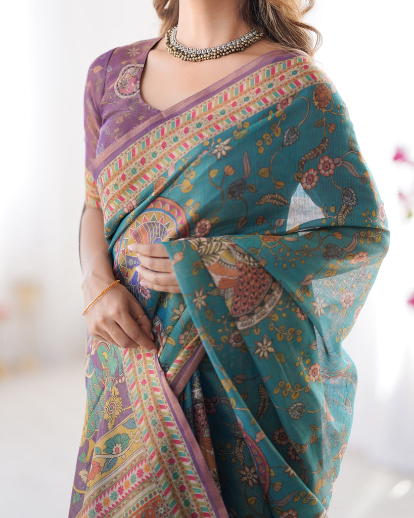 Sea Green & Purple Linen Cotton Saree with Hand-Painted Krishna Raas Leela Pallu LINEN HANDLOOM