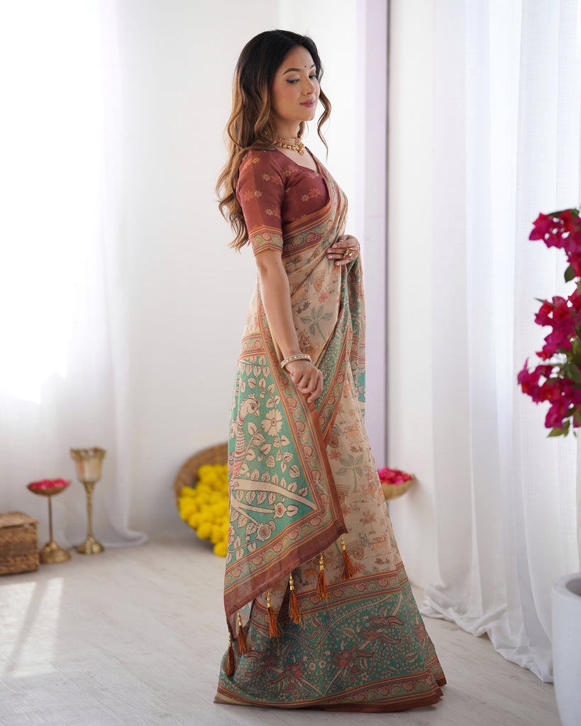 Beige & Green Handloom Cotton Saree with Village Life Print and Majestic Peacock Pallu LINEN HANDLOOM